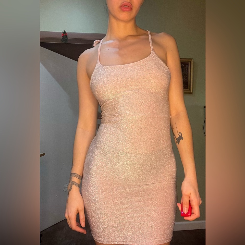 Vintage y2k pink sparkly bodycon dress with lace up back